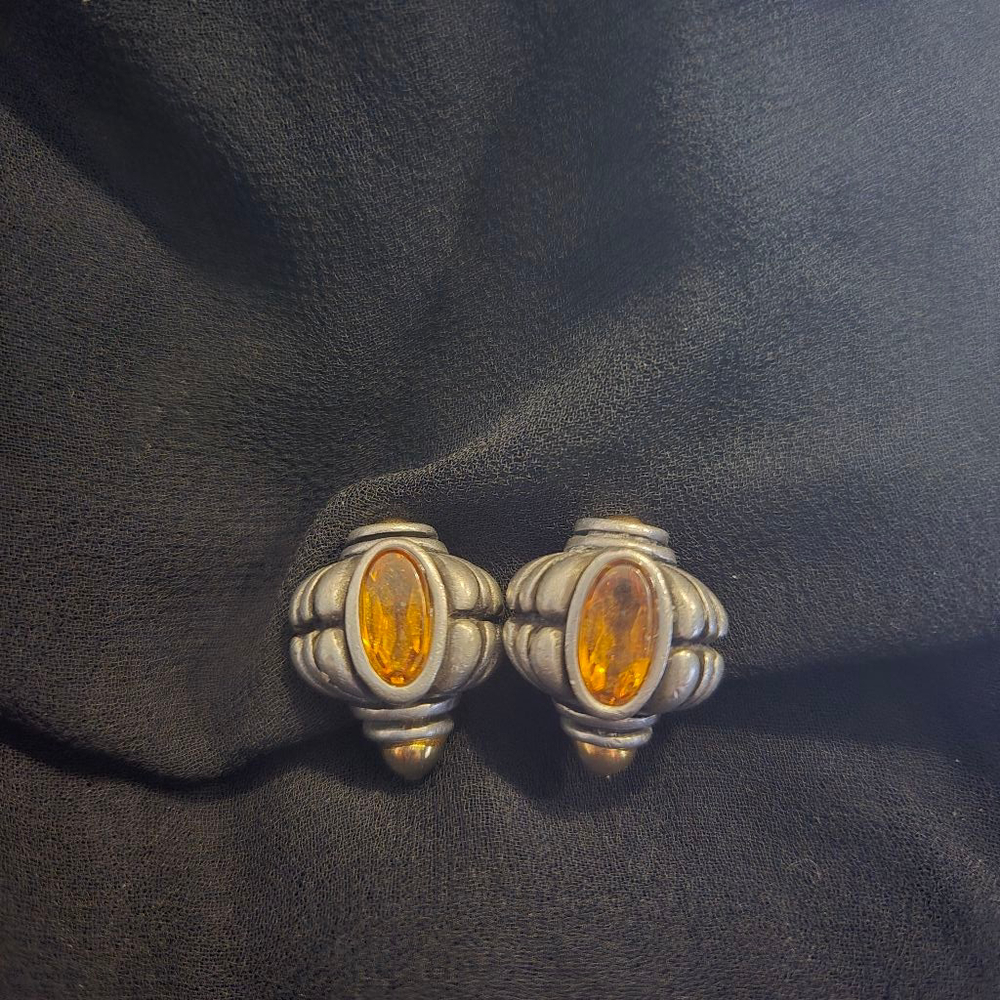 Vintage Farenheit Silver Gold Accent Citrine Ethnic Citrine Balloon Gem Earrings